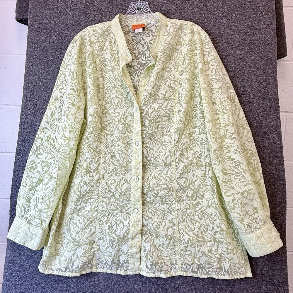 Hearts Of Palm Womens Tunic Top Sz 18 Green Burnout Roll Tab Sleeve Tropical